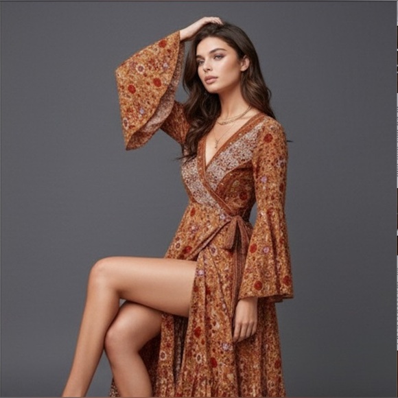 Boho Floral Print Bell Sleeve Tie Front Wrap Dress - Picture 5 of 13